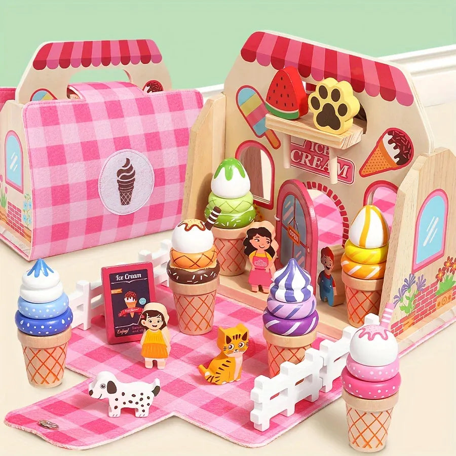 Espace éveil  Wooden Educational Toy Ice Cream Pet Hospital Afternoon Tea Portable Set Bag Pretend Play Series Three Options Available