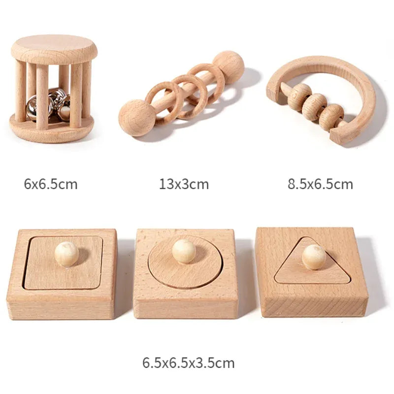 Espace éveil  NB330C1 Montessori Puzzle Toys Wooden Geometric Shapes Sorting Baby Toys Wooden Rattles Ring Rattles Sensory Toys Preschool Education