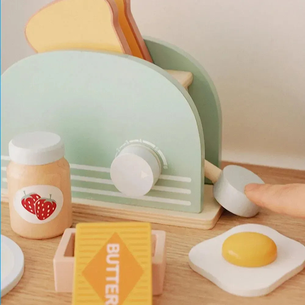 Espace éveil  1 Set Wooden Toaster Toy Kids Bread Machine Kit Pretend Play Kitchen Toys Set Breakfast Educational Toys Gifts for Girls Boys Image
