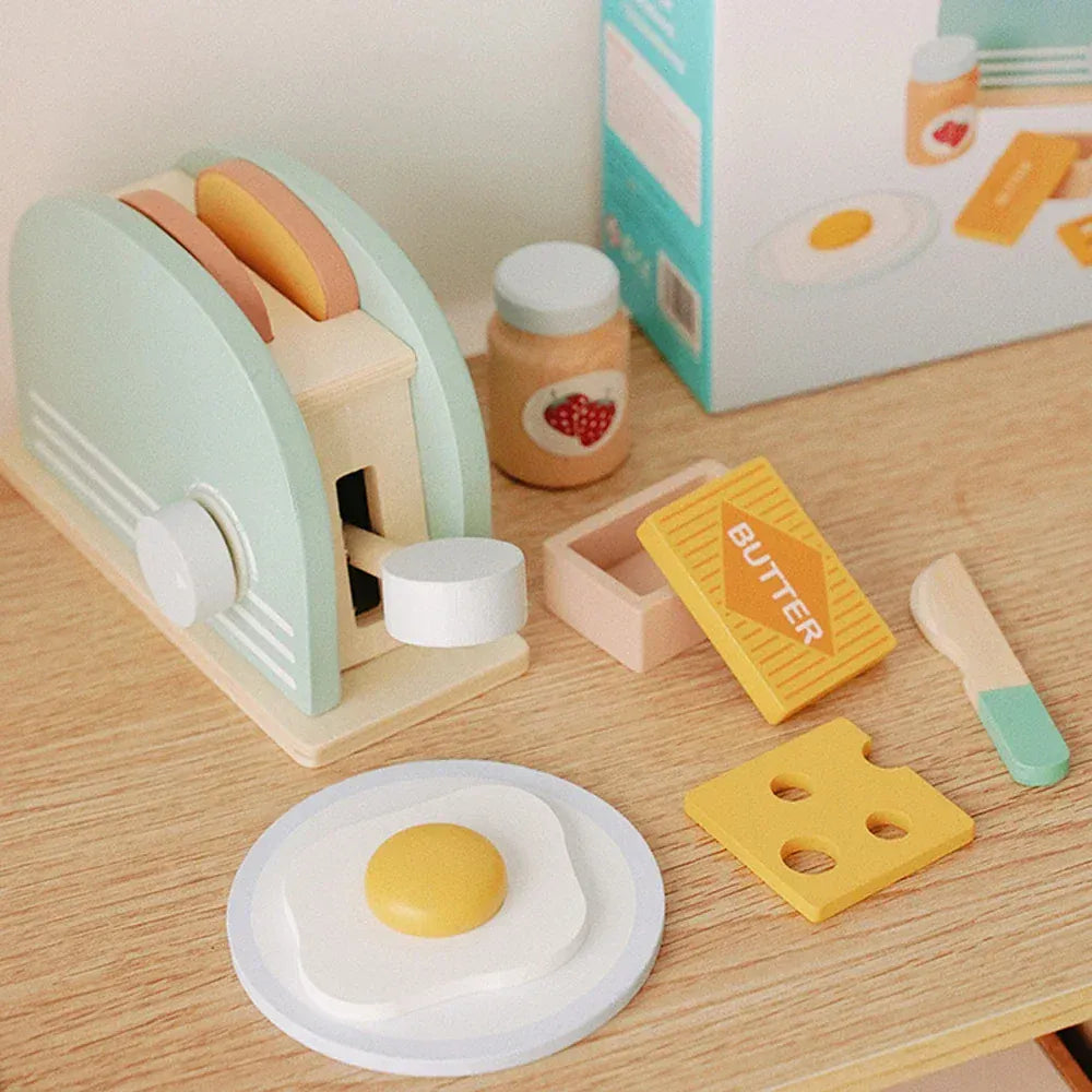 Espace éveil  1 Set Wooden Toaster Toy Kids Bread Machine Kit Pretend Play Kitchen Toys Set Breakfast Educational Toys Gifts for Girls Boys Image