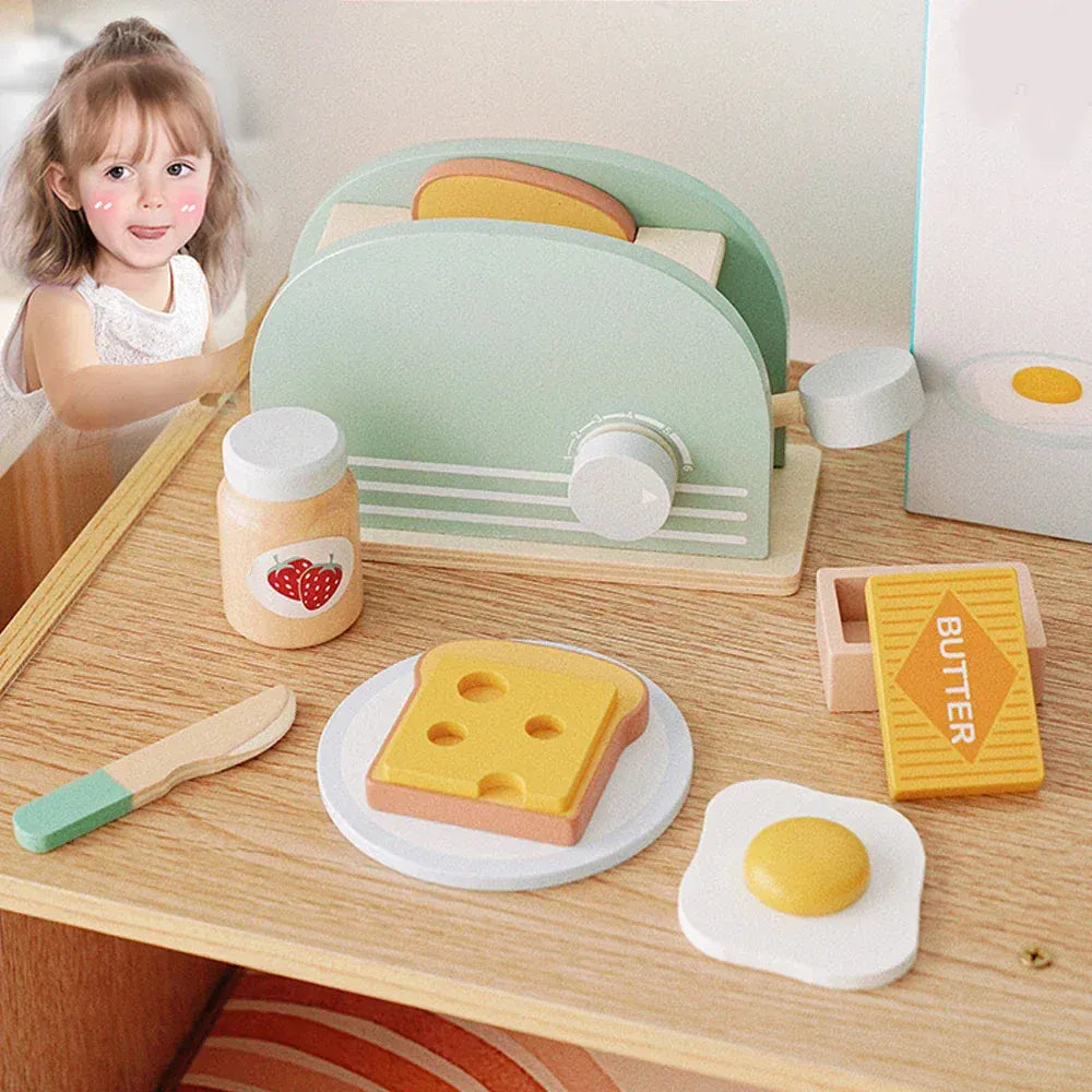 Espace éveil  1 Set Wooden Toaster Toy Kids Bread Machine Kit Pretend Play Kitchen Toys Set Breakfast Educational Toys Gifts for Girls Boys