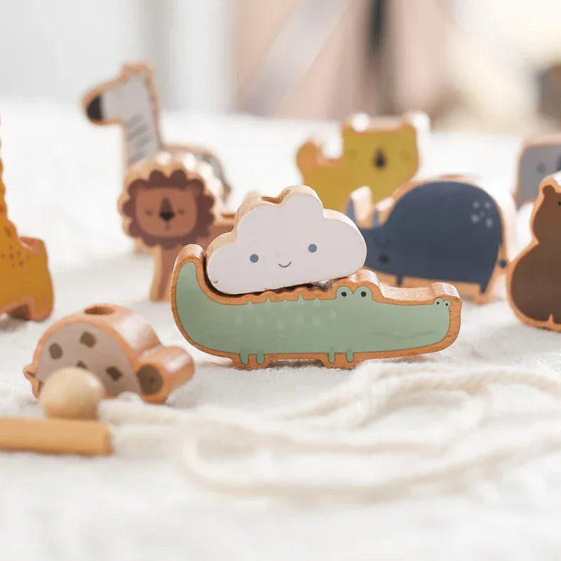 Espace éveil  Baby Animal Threading Toys Wooden Stacking Toys Blocks Board Games Wooden Toys Baby Animal Stringing Threading Beads Toys Gift