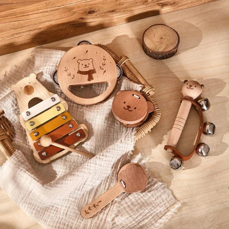 Espace éveil  Baby Musical Toys Wooden Bear Rattle Bell Drum Xylophone Percussion Early Educational Instrument Playthings for Toddlers Kids