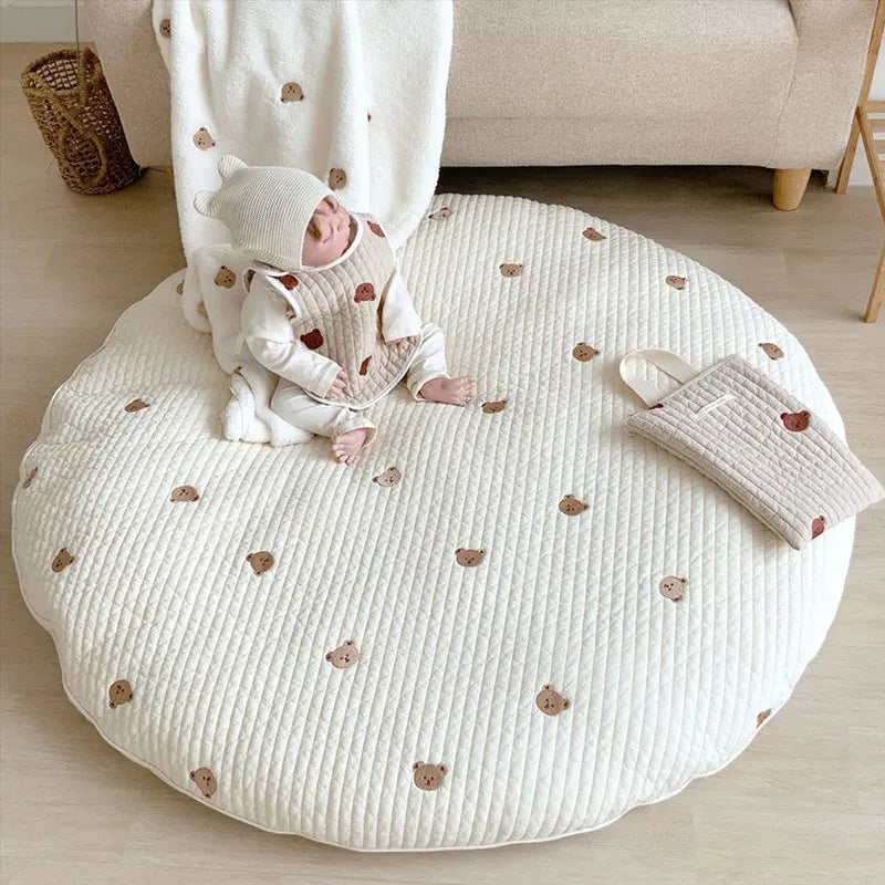 Espace éveil  beige Soft Bear Embroidery Cotton Pad 85*85 Round Carpet Floor Rugs For Newborn Baby Crawling Play Kids Room Decor Mats Removable Face