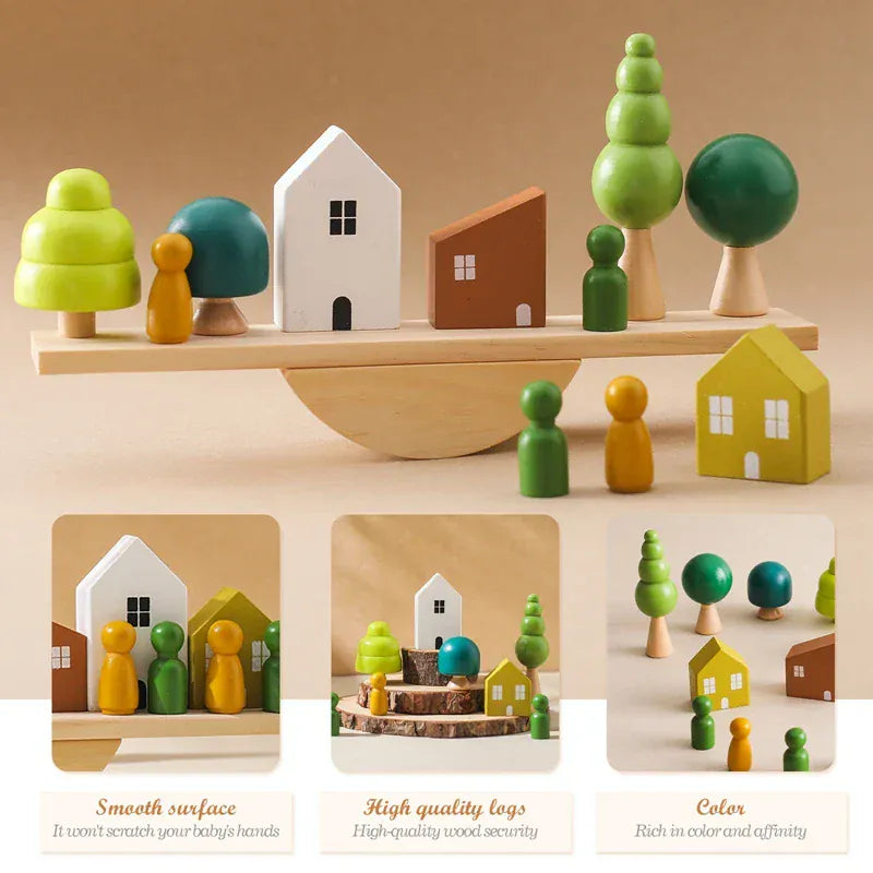 Espace éveil  Montessori Sensory Toys  Stacking Toys For Baby Forest Houses Replica Wooden Forest Blocks  Early Childhood Education Game Gift