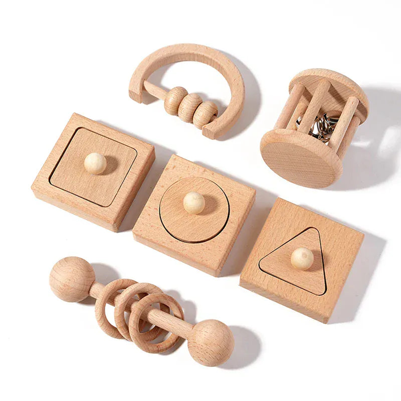 Espace éveil  NB330C1 Montessori Puzzle Toys Wooden Geometric Shapes Sorting Baby Toys Wooden Rattles Ring Rattles Sensory Toys Preschool Education
