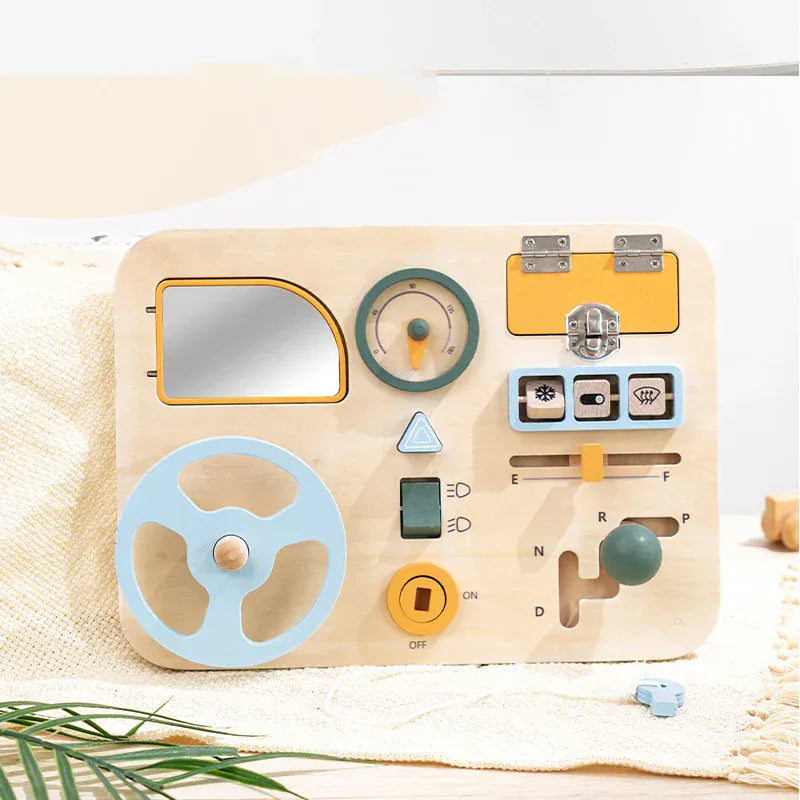 Espace éveil  NB400C1 Wooden Busy Board Car - Montessori Educational Toy With Steering Wheel Dashboard And Interactive Elements To Learn About Cars