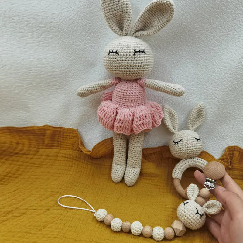 Espace éveil  WCY-B-3 Newborn Mobile Gym Educational Ring Teething Toy Baby Cotton Baby Wooden Ring Rattle Crochet Wool Toy Customize Pacifier Chain