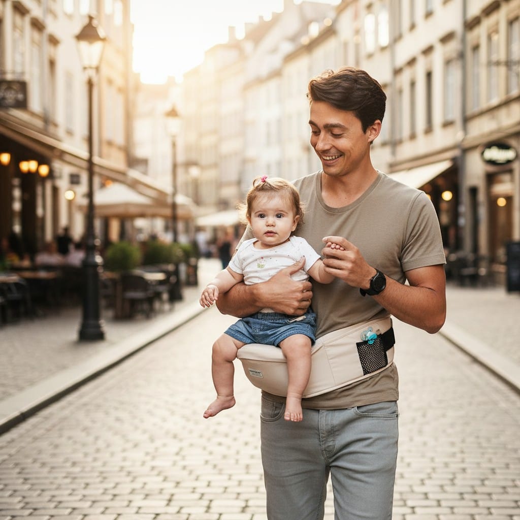 Porte bébé hanche Espace éveil beige avec poches latérales en maille, idéal pour le portage des tout-petits. Image