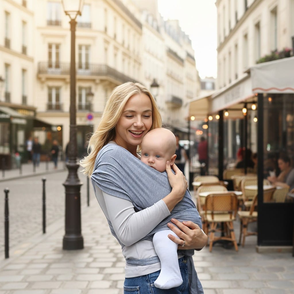 Porte bébé physiologique Espace éveil gris chiné en tissu doux, pour un portage confortable et sécurisé.
