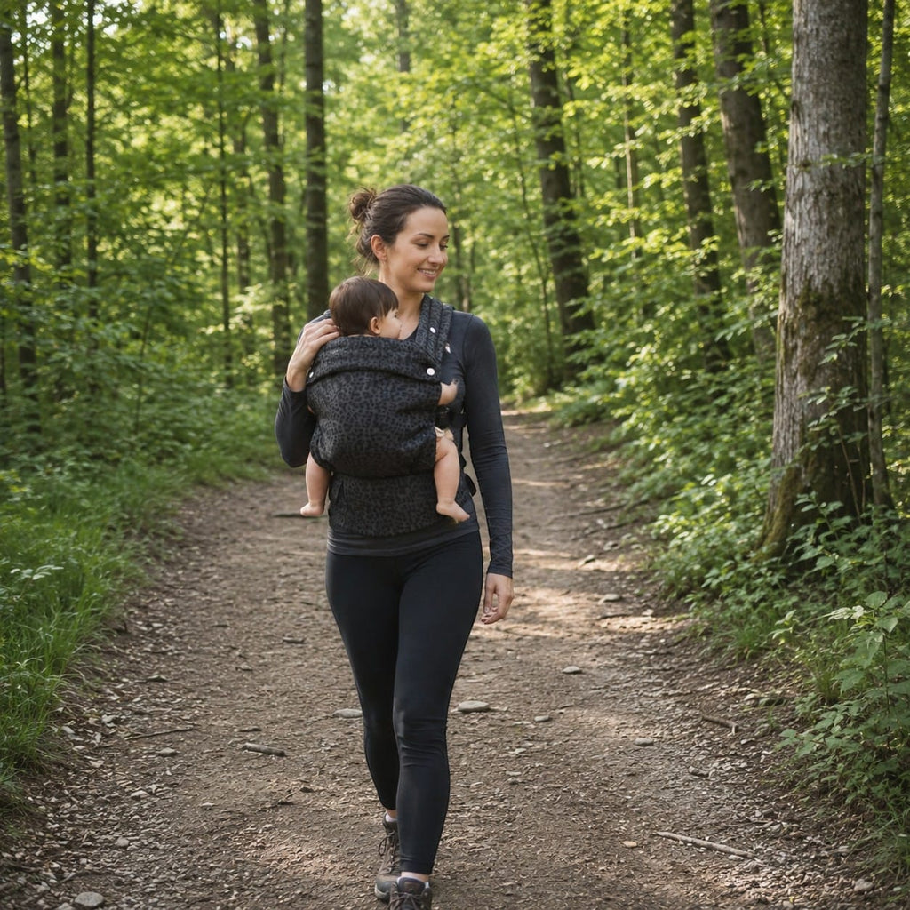 Porte bébé Espace éveil gris à motif léopard, porté par une femme marchant sur un sentier forestier.