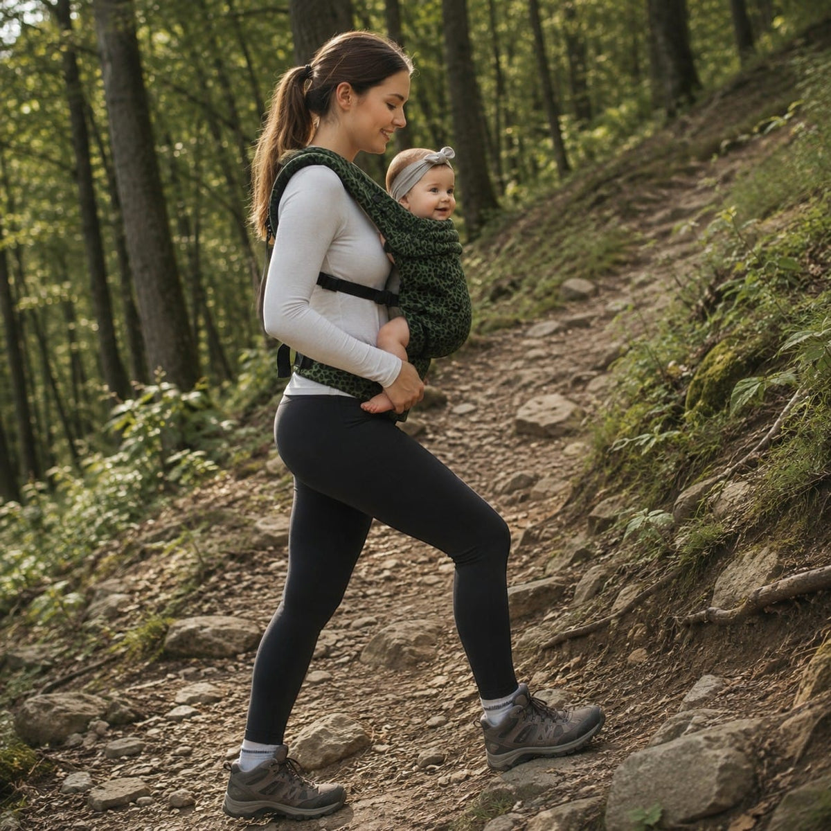 Espace éveil porte bébé randonnée vert à motif léopard, pour balade en forêt.