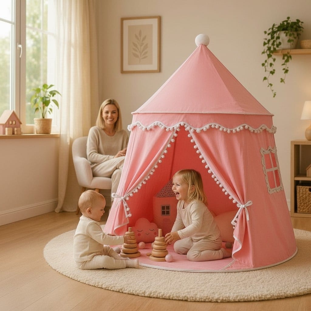 Tipi rose Elouan Espace éveil pour enfant, décoré de pompons blancs, avec jouets à l'intérieur.